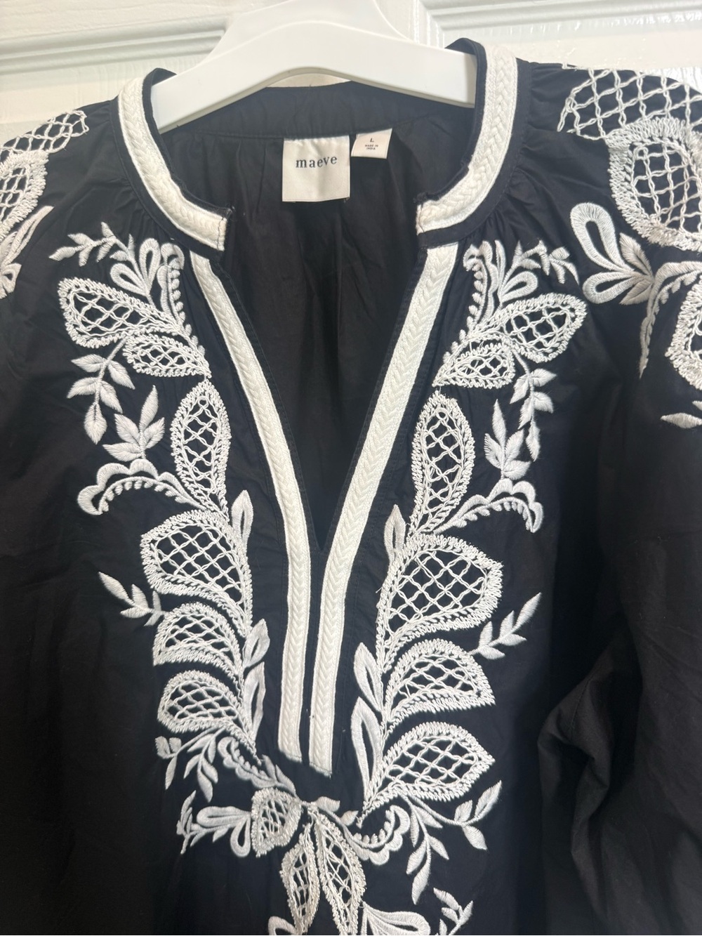 Maeve Black Peasant Top with White Embroidery - Picture 4 of 9